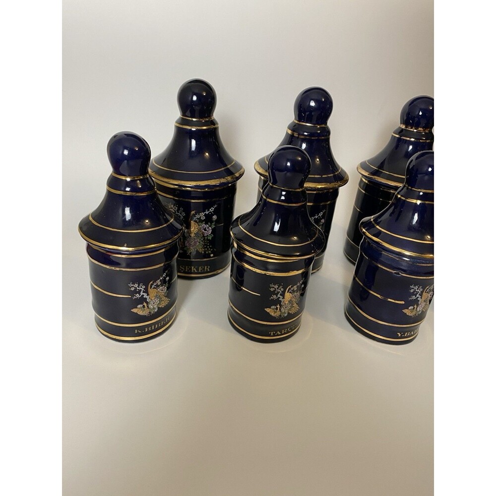 Sir Seramik Set 7 Spice Jars Cobalt Gold, Turkey Art Deco Colorful Canisters - Picture 7 of 15